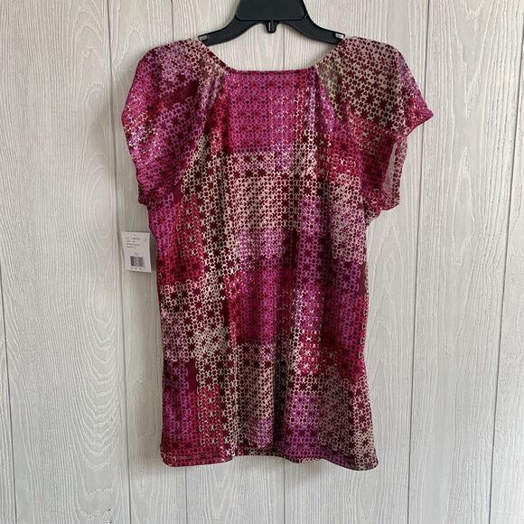 Liz & Co Purple Print Sheer Lines Short Sleeve Blouse Size XL NWT - Picture 3 of 3